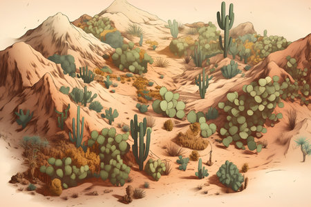 Desert landscape with cactuses and mountains. Vector illustration.の素材
