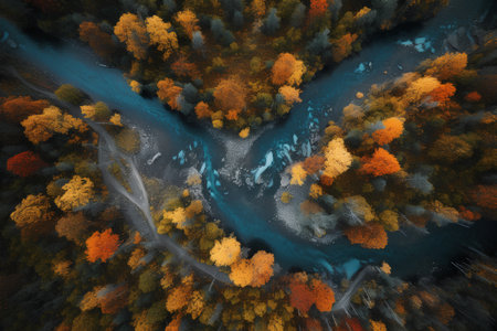 Aerial view of the river in the autumn forest. Top viewの素材