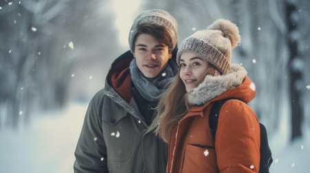 Portrait of young loving couple in winter park. Man and woman in warm clothes.の素材