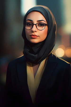 Portrait of a beautiful young muslim woman in a black suit and glasses.の素材
