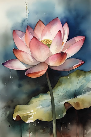 Watercolor painting of pink lotus flower on watercolor background.の素材