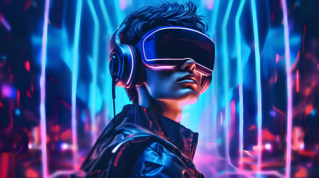 Portrait of a young man in virtual reality headset. 3d renderingの素材