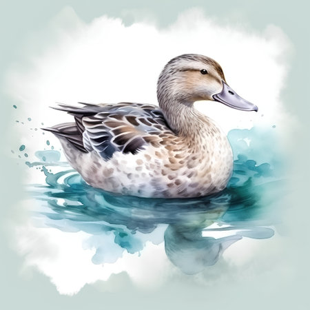 Watercolor illustration of a brown duck swimming in the water, isolated on white backgroundの素材