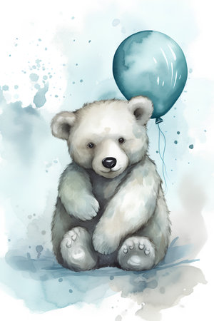 Watercolor illustration of a cute teddy bear with a balloon.の素材