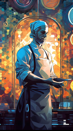 Vector illustration of a stylized portrait of a man in a hat and apron.の素材