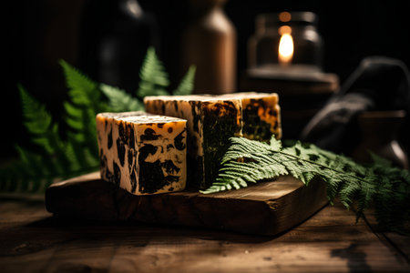 Foie gras cheese with fern leaves on wooden boardの素材