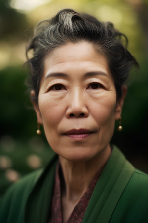 Portrait of a senior Asian woman smiling in the park. Focus on the face.の素材