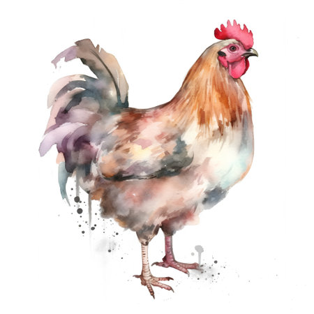 Watercolor rooster isolated on white background. Hand drawn illustration.の素材