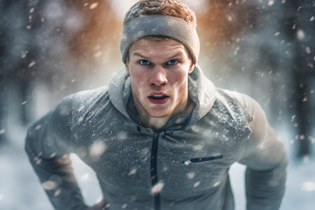 Portrait of a young man running in the winter park. Snowfall.の素材