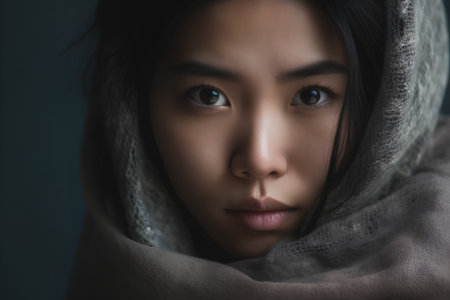 Portrait of a beautiful asian woman with hooded scarf.の素材