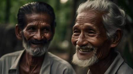 Portrait of two old men smiling at the camera in the garden.の素材