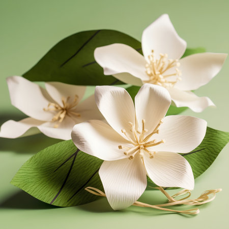 White jasmine flowers and green leaves on pastel green backgroundの素材