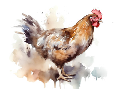 Watercolor rooster. Hand drawn illustration isolated on white background.の素材