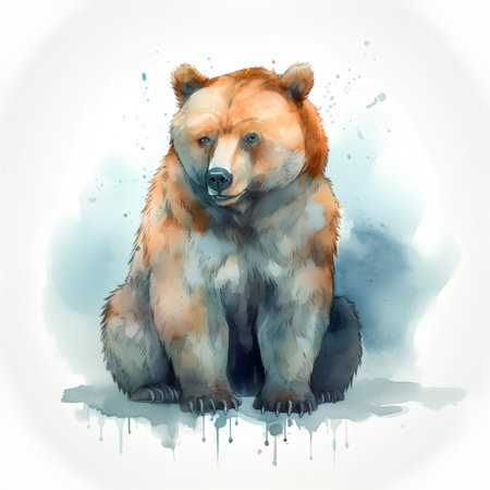 Watercolor illustration of a brown bear sitting on a white background.の素材