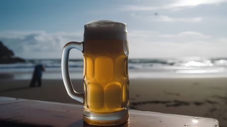 Beer glass on the beach in the evening with copy space for textの素材