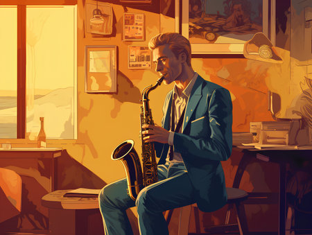 Young man playing the saxophone in a cafe. Vector illustration.の素材