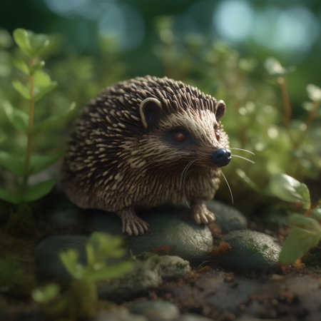 hedgehog in the moss on a background of green plants.の素材