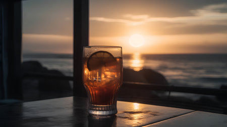 Cocktail with ice on the beach at sunset. Selective focus.の素材
