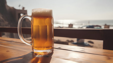 Beer in a glass on a wooden table on the background of the seaの素材