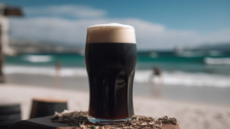 Glass of dark beer on a wooden table on the background of the seaの素材