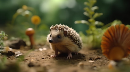 Hedgehog standing on the ground and looking into the camera.の素材
