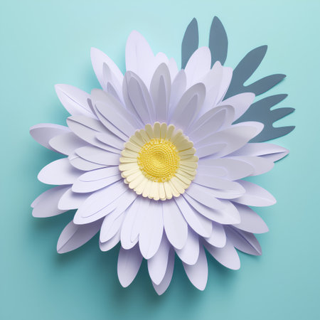 Paper cut daisy flower on blue background. 3d render illustrationの素材