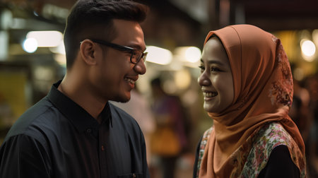 Muslim couple walking in the city at night. Asian Muslim couple smiling.の素材