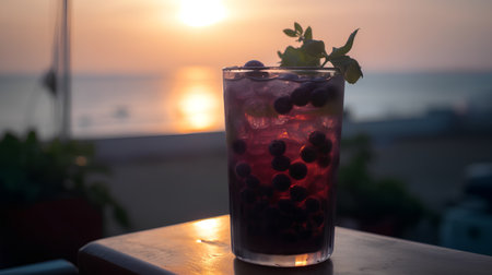 Refreshing summer cocktail with black currant, blueberry and mint on the background of the sea.の素材