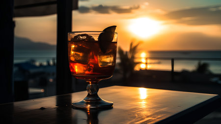Alcoholic cocktail drink on the beach at sunset or sunrise timeの素材
