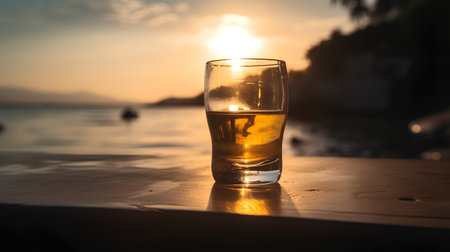 Glass of whiskey on the beach at sunset or sunrise time. Selective focusの素材