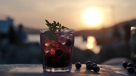 Cocktail with black currant and mint on the background of sunsetの素材