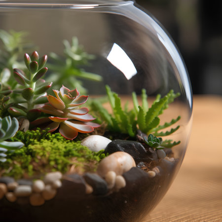 Small succulent plants in a glass vase on a wooden tableの素材