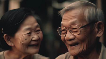 Portrait of Asian senior couple in love looking at each other.の素材