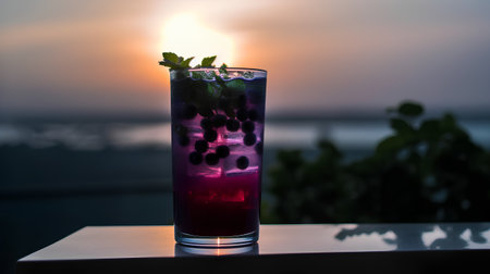 Cocktail with black currant and mint on the background of sunsetの素材