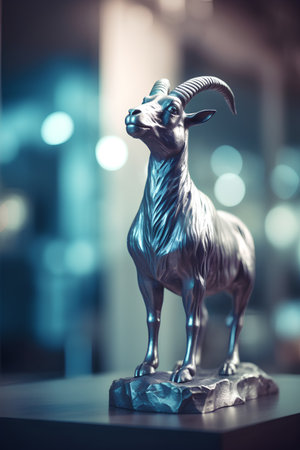Statue of a goat on a background of the night city.の素材