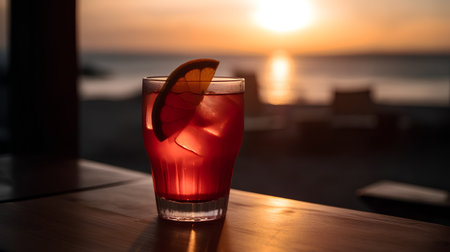Cocktail with orange on the background of the sea and sunsetの素材