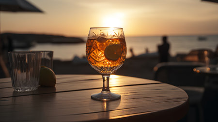 A glass of wine on a wooden table on the background of the sunsetの素材