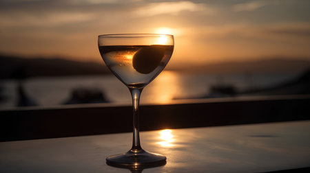 glass of white wine at sunset on the terrace of a restaurantの素材