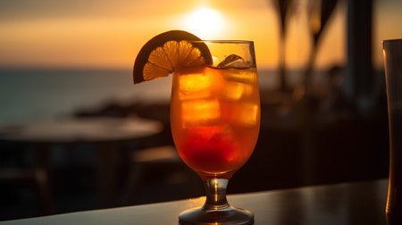 Cocktail on the beach at sunset. Cocktail in a glass.の素材