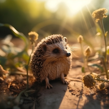 hedgehog in the field at sunset, shallow depth of fieldの素材