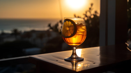 Aperol spritz cocktail with lemon slice and sea view at sunset.の素材