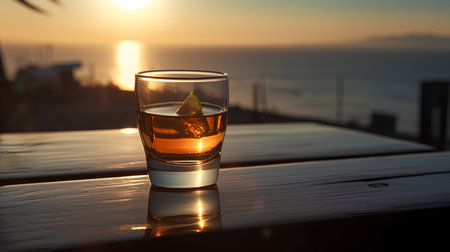 Tequila shot served on a terrace with sunset in the backgroundの素材