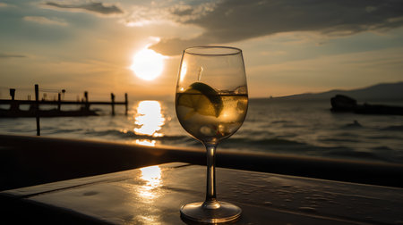 A glass of champagne with a slice of lemon on the background of sunset.の素材