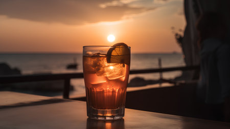 Cocktail with a slice of lemon and ice on the background of the setting sunの素材