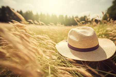 Beautiful woman in a straw hat on the background of a wheat fieldの素材