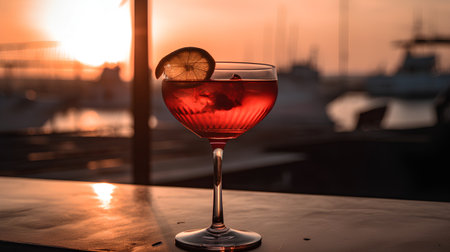 Red cocktail with a slice of lemon on the background of the sunsetの素材