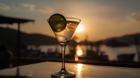 Cocktail with lime and ice on the background of the sunsetの素材