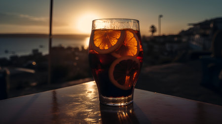 Cocktail with orange and lemon on the background of the sunset.の素材