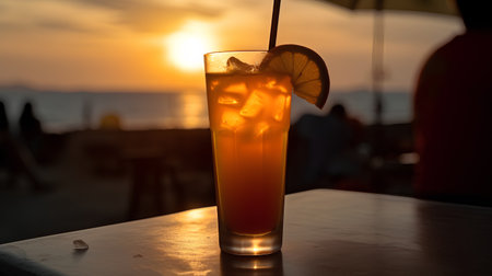 Cocktail with ice and lemon on the beach at sunset.の素材