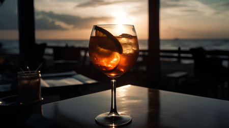 Aperol spritz cocktail in a glass on a table at sunsetの素材